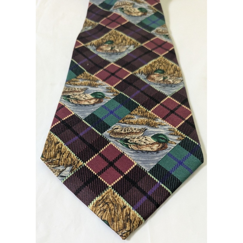 Roundtree & Yorke Duck Outdoor Wildlife Plaid Silk Hand Sewn USA Tie 57 x 4